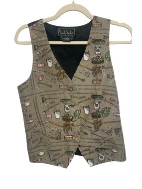 Vintage 90s Nicole Miller Silk Gardening Novelty Print Vest